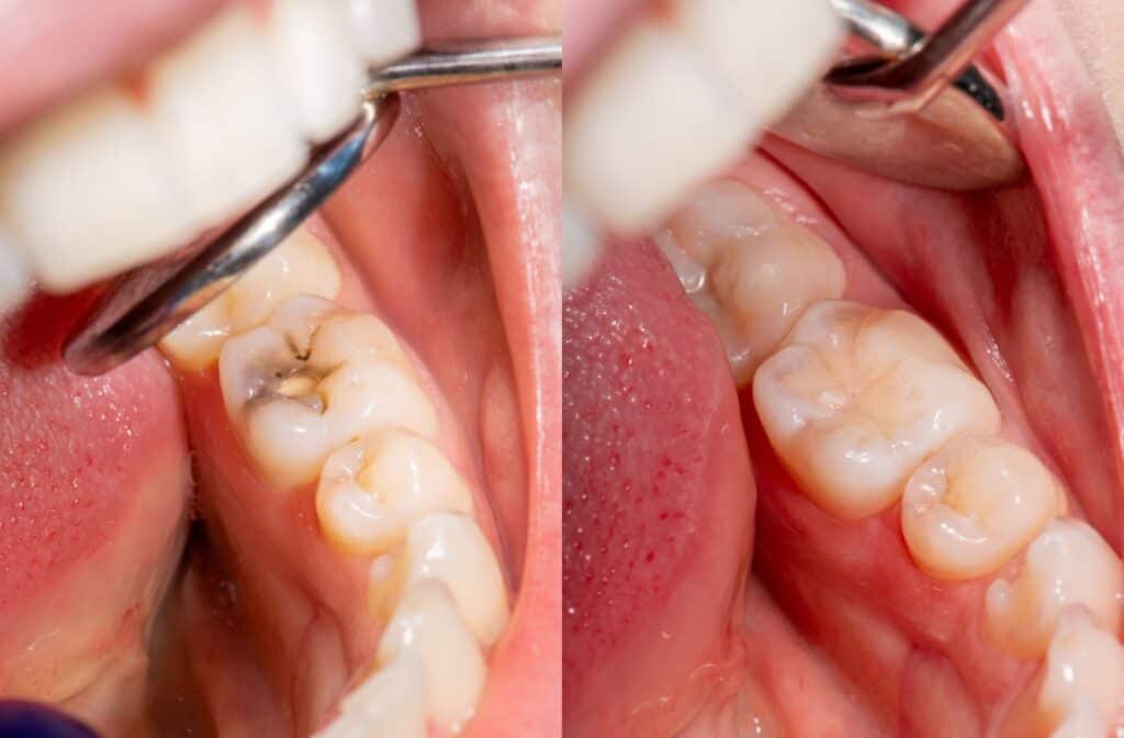 Close up of a back molar before and after filling in a cavity.