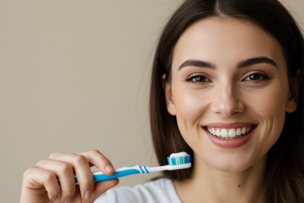 Smiling woman holding a toothbrush demonstrating proper oral hygiene and dental care habits.