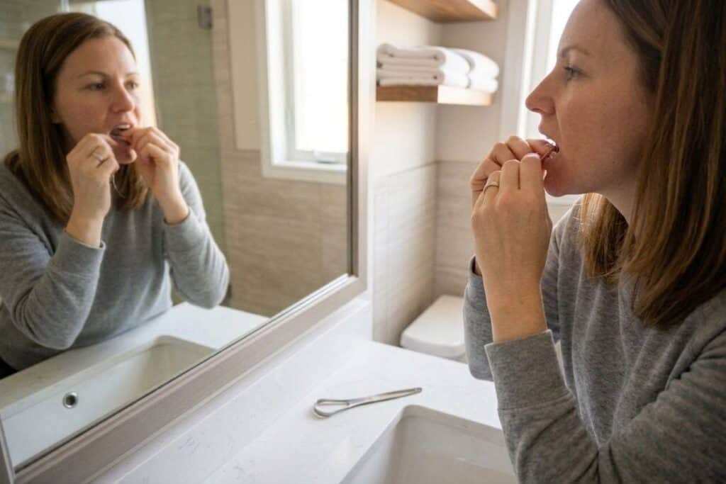 A woman stands in a bathroom flossing her teeth while looking into the mirror, with a sink and dental tool on the counter.