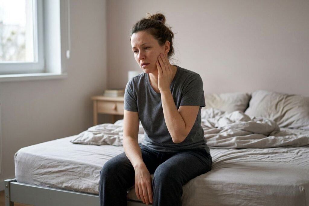 Person sitting on edge of bed, holding hand to jaw with a pained expression.