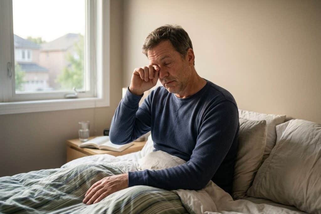 Adult sitting in bed rubbing eyes, looking tired, beside a window with a glass of water and open book.