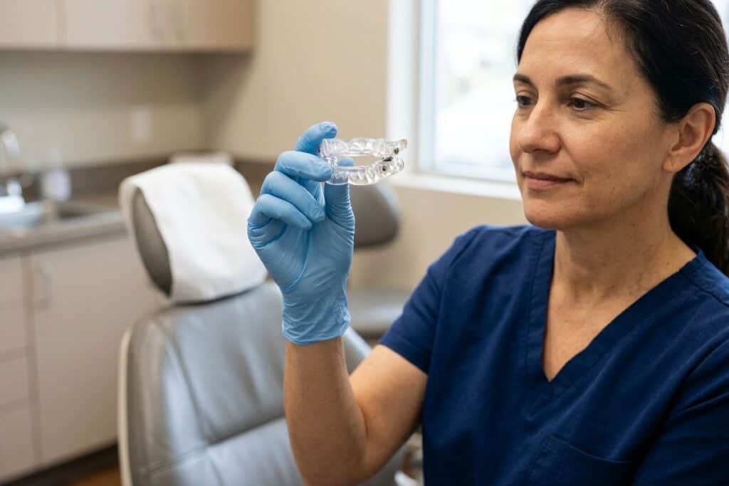 Dentist in blue scrubs and gloves holds and examines a clear dental aligner in a treatment room.