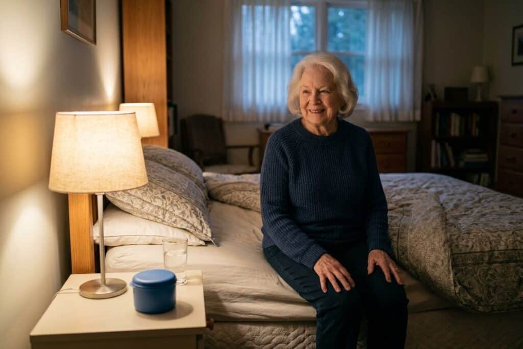 Smiling older adult sits on the edge of a bed in a lamp-lit bedroom; a glass of water and a blue container rest on the nightstand.