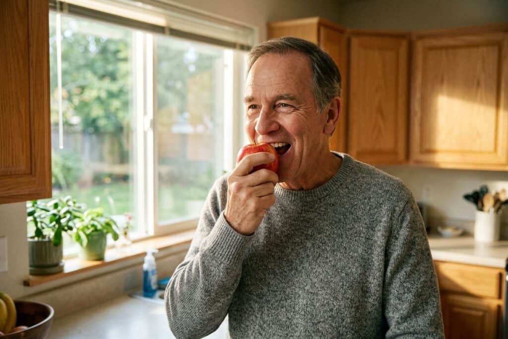 Smiling older adult in a gray sweater bites into a red apple in a sunlit kitchen with wooden cabinets and a window overlooking a garden.