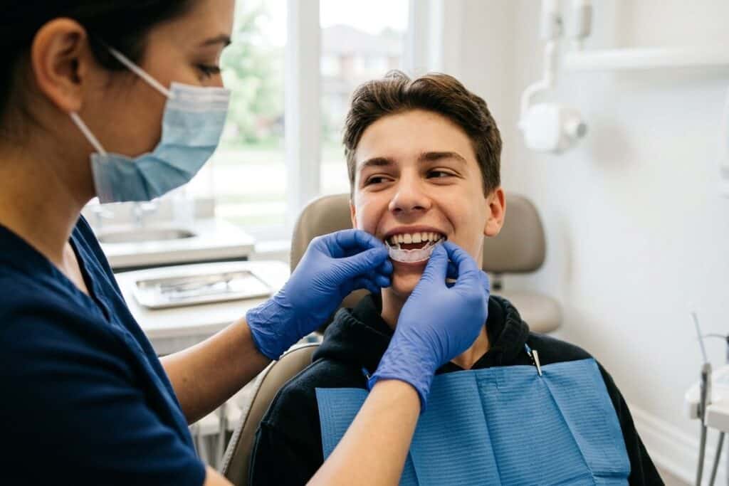 Dentist fits a clear aligner onto the teeth of a smiling teen seated in a dental chair with a blue bib.