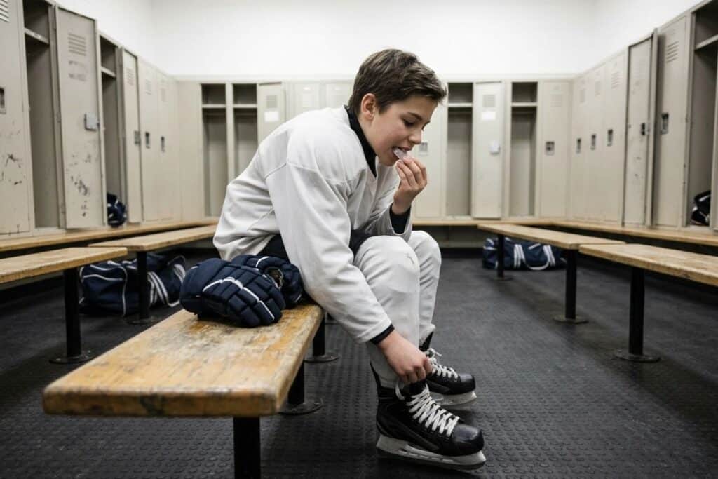 Child in white hockey gear sits on a locker room bench, inserting a mouthguard while lacing ice skates, with gloves beside them.