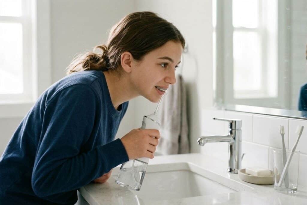 Teen with braces uses a water flosser while leaning over a bathroom sink, facing the mirror; toothbrushes in a cup sit on the counter.