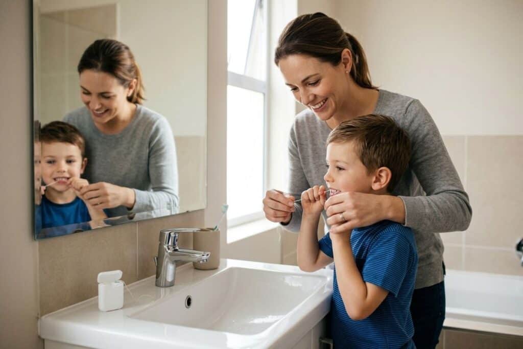 Smiling adult helps a young child floss their teeth at a bathroom sink, guiding the child's hands holding the dental floss.
