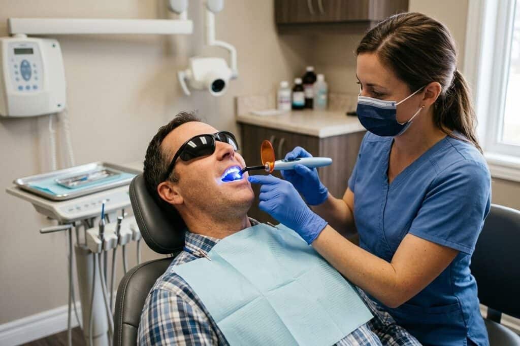 Dentist uses a blue curing light on the teeth of a patient wearing dark protective glasses and a bib in a dental chair.
