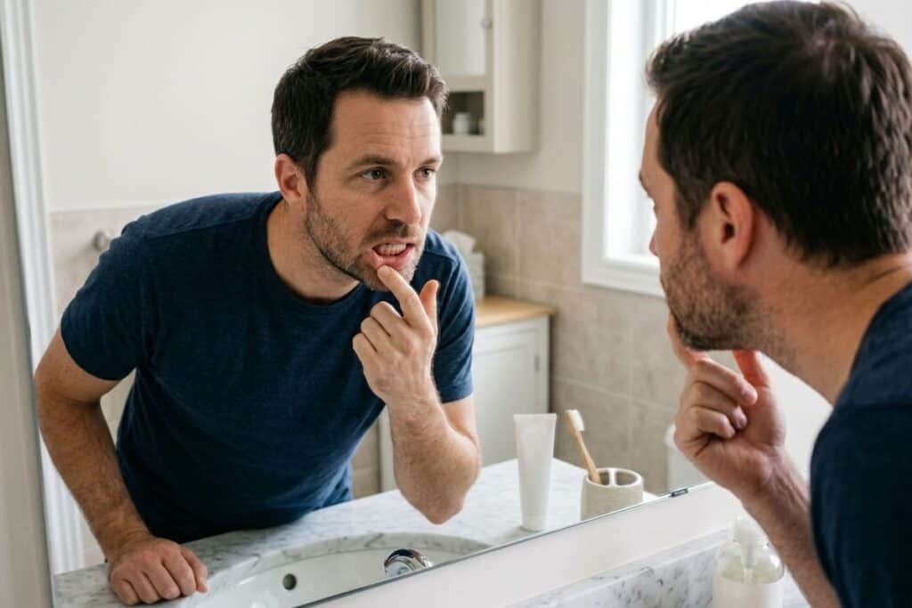 Adult leaning over a bathroom sink, pulling down lower lip to inspect gums and teeth in the mirror, looking focused. Toothbrush and toothpaste nearby.
